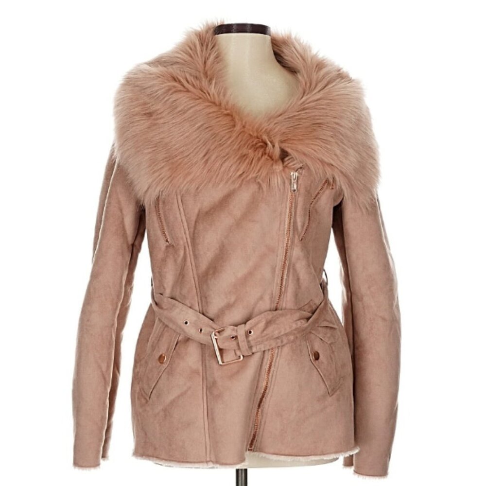 Boohoo Faux Suede Belted Coatwith Faux Fur Collar in Light Brown Champagne